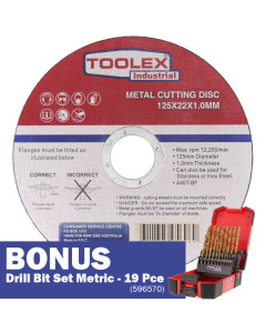 Cutting Disc 125mm x 1mm Ultra Thin Inox Tub - 100 Piece BONUS Drill Set Metric (19 Piece)