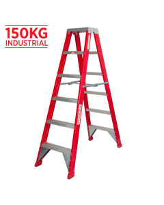 Ladder Step Double 1.8m 150kg Fibreglass Industrial Red 6ft Double Sided As/Nzs1892.3:1996