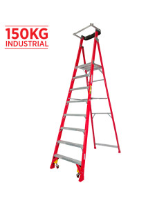Ladder Platform Ht 2.3m 150kg Fibreglass Industrial Red 3.3m Spring Wheels Safety Gate