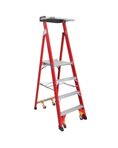 Ladder Platform Ht 1.2m 150kg Fibreglass Industrial Red 2.1M High Spring Wheels Safety Gate