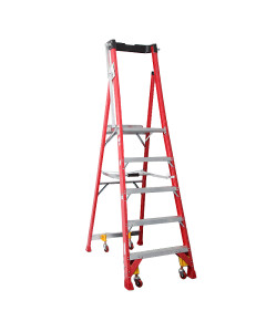 Ladder Platform Ht 1.5m 150kg Fibreglass Industrial Red 2.4M High Spring Wheels Safety Gate