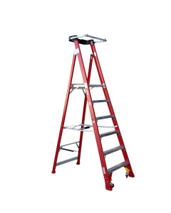 Ladder Platform Ht 1.8m 150kg Fibreglass Industrial Red 2.7M High Spring Wheels Safety Gate